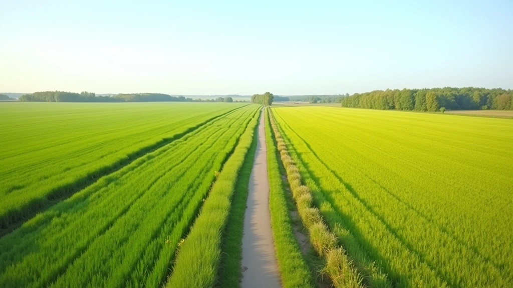 Platūs laukai šalia pylimo kelio, Nemuno deltos peizažai, žali medžiai horizonte